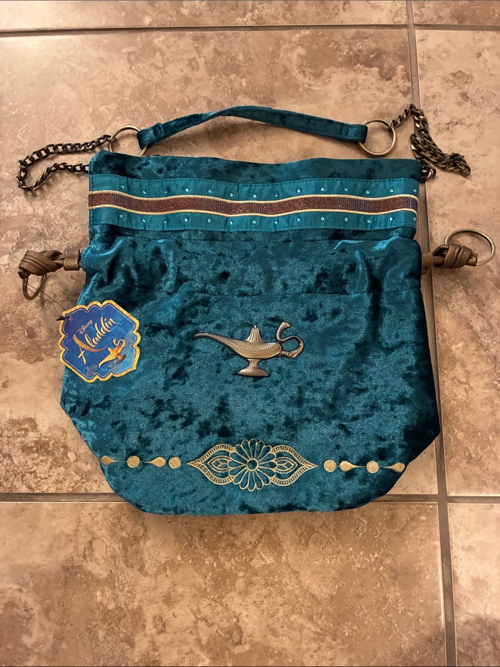 Disney Teal Velvet Aladdin Jasmine Shoulder Bag Purse with Gold Lamp Accent NEW
